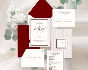 Timeless Burgundy Wedding Invitation Suite Template with Monogram Belly Band and Save the Date Invite, Printable, Editable in Canva
