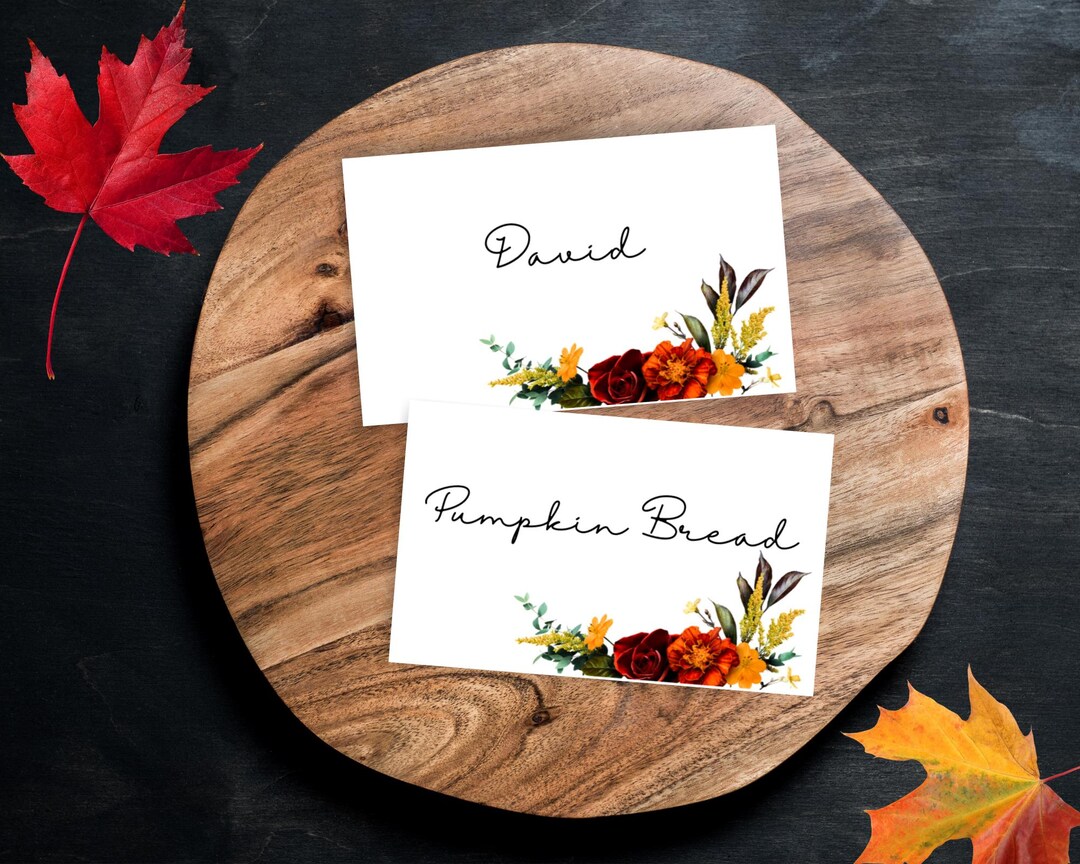 Editable Floral Thanksgiving Place Card Template or Food Label Cards