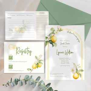 Convite para chá de panela "Ela encontrou seu principal aperto" Floral vintage limão, modelo editável do Canva, para impressão, inclui código QR, cartão de registro