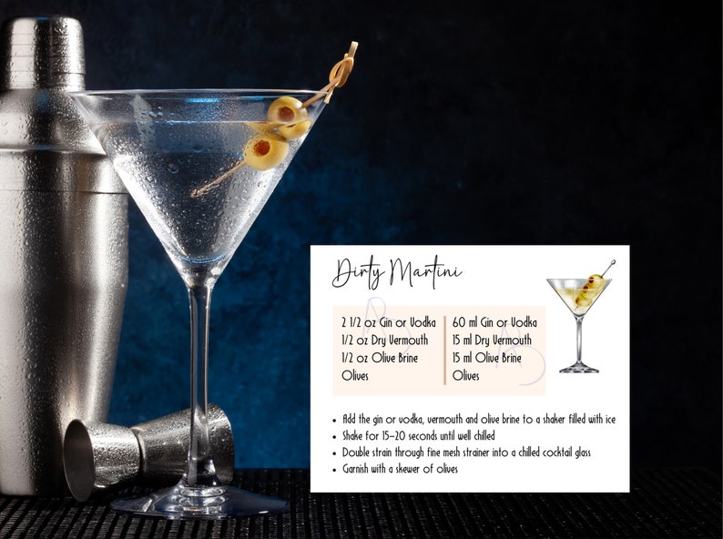 Dirty Martini Recipe Card for Bachelor Gift, Birthday Gift, Bar Cart