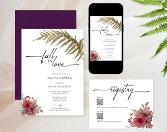 Fall in Love Bridal Shower Invitation Template with Fern & Flowers; Includes Recipe Card, Personalize in Canva, Printable or Digital Invite