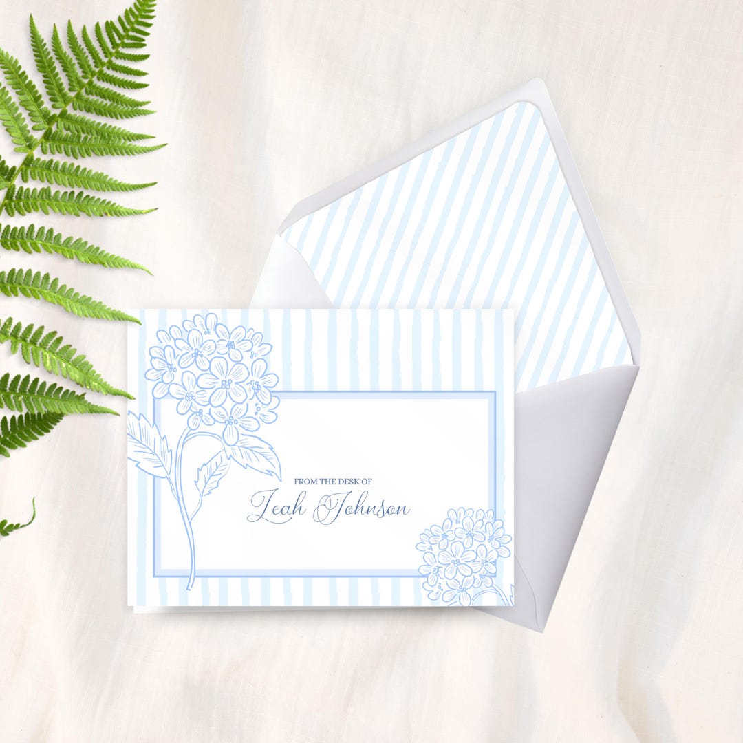 Pastel Blue Hydrangea Personalized Folded Note Cards W/ Lined Envelopes ...