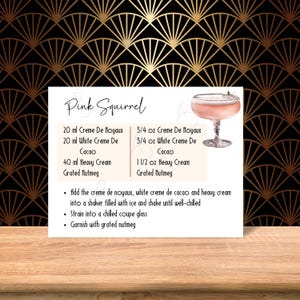 Scheda ricetta cocktail scoiattolo rosa per bomboniera addio al nubilato, cesto regalo, decorazione per feste o carrello bar, PDF e PNG stampabili