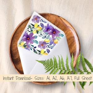 Floral und Zitrone Umschlag Liner für Hochzeitseinladungen oder Karten, Größe A7, A6, A2, A1 4 Bar, Euro & quadratische Klappe, printable Digital Download