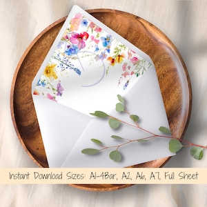 Wildblumen Umschlag Liner für Hochzeitseinladungen oder Karten, Größen A7, A6, A2, A1 4 Bar, Euro & quadratische Klappe, printable Digital Download