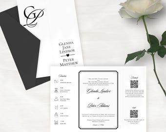 Gatefold Wedding Invitation Template in Classy Modern Minimalist Style, Editable in Canva, Trifold PDF Printable w/ Photo & QR code RSVP