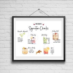 Puede incluir: Un gr&aacute;fico imprimible con ilustraciones de acuarela de c&oacute;cteles y sus ingredientes. El gr&aacute;fico se titula "Derby Signature Drinks" y enumera cinco bebidas: Horseshoe Margarita, Oaks Lily, Mat Julep, Jockey Club y Spire.