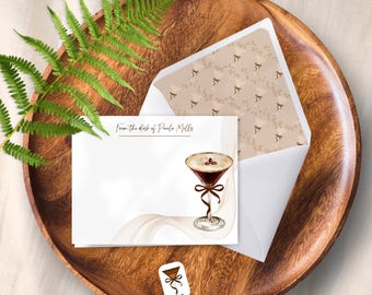 Espresso Martini Personalized Note Card Set of 10 Folded Notecards, Lined Envelopes w/ Stickers, Blank Inside Custom Stationery Gift for Her