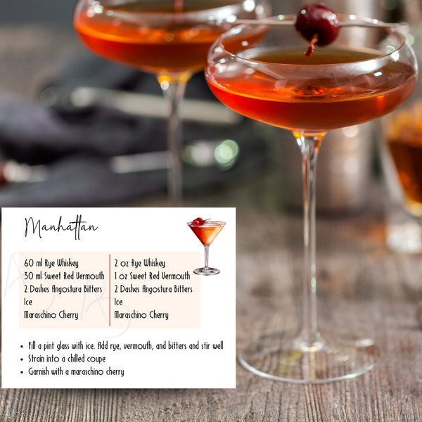 Manhattan Recipe Card for bachelor gift, bar cart accessory, and party decor printable PDF & PNG