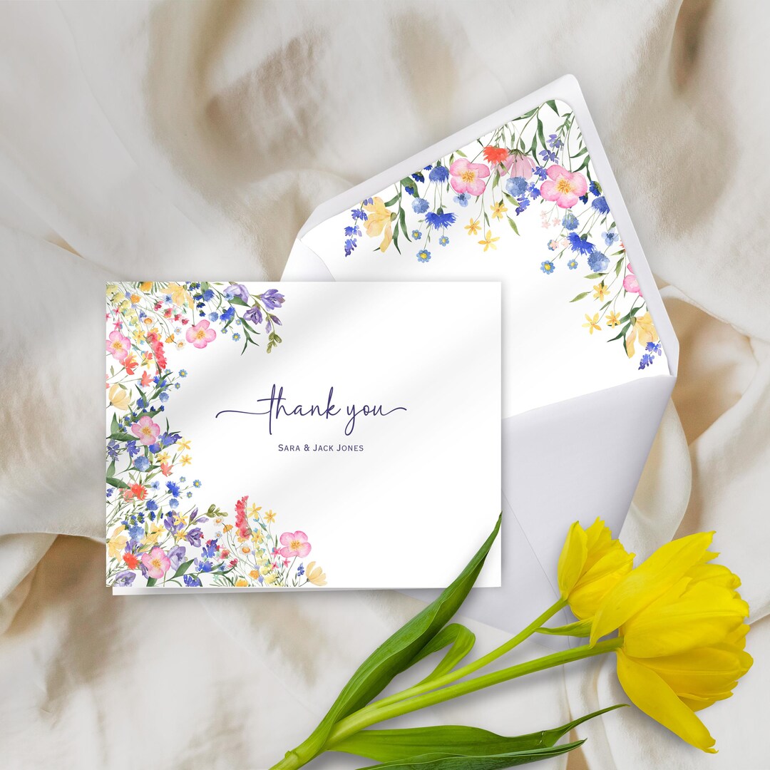 Personalized Wildflower Thank You Note Card Set of 10 Folded Notecards ...