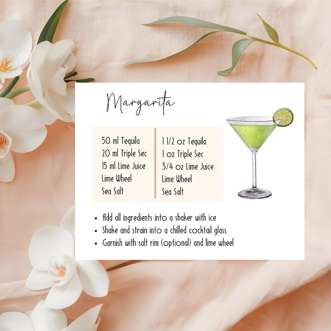 Margarita Recipe Card for Bachelorette Gift, Bar Cart Accessory, and Party Decor Printable PDF ...