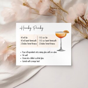 May include: A recipe card for a Hanky Panky cocktail. The card features a hand-drawn illustration of a cocktail glass filled with a layered orange and yellow drink, garnished with an orange slice. The recipe lists the ingredients in both millilitres and ounces, including gin, sweet vermouth, and Fernet Branca. The instructions include pouring all ingredients into a mixing glass with ice cubes, stirring well, straining into a chilled cocktail glass, and garnishing with an orange twist.