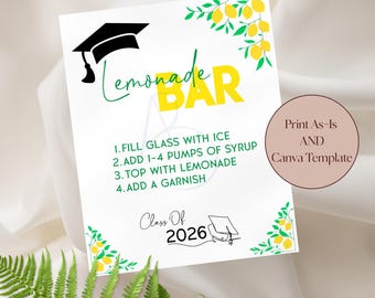 Letrero de bar de limonada para fiesta de graduación con birrete y promoción de 2026. Plantilla editable en Canva o descarga instantánea imprimible (tal cual). 8 x 10 pulgadas.