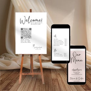 Op de afbeelding: Een welkomstbord met een QR-code, een zitplaatskaart en een menu voor een huwelijksreceptie. Het bord staat op een ezel en de zitplaatskaart en het menu zijn op mobiele telefoons. Het bord zegt "Welkom! We hebben u de perfecte plek bespaard. Scan om uw tafel te vinden en het menu te bekijken." De zitplaatskaart is gelabeld met "A" en "B" en vermeldt namen en tafelnummers. Het menu is gelabeld met "Ons Menu" en vermeldt voorgerechten en hoofdgerechten.