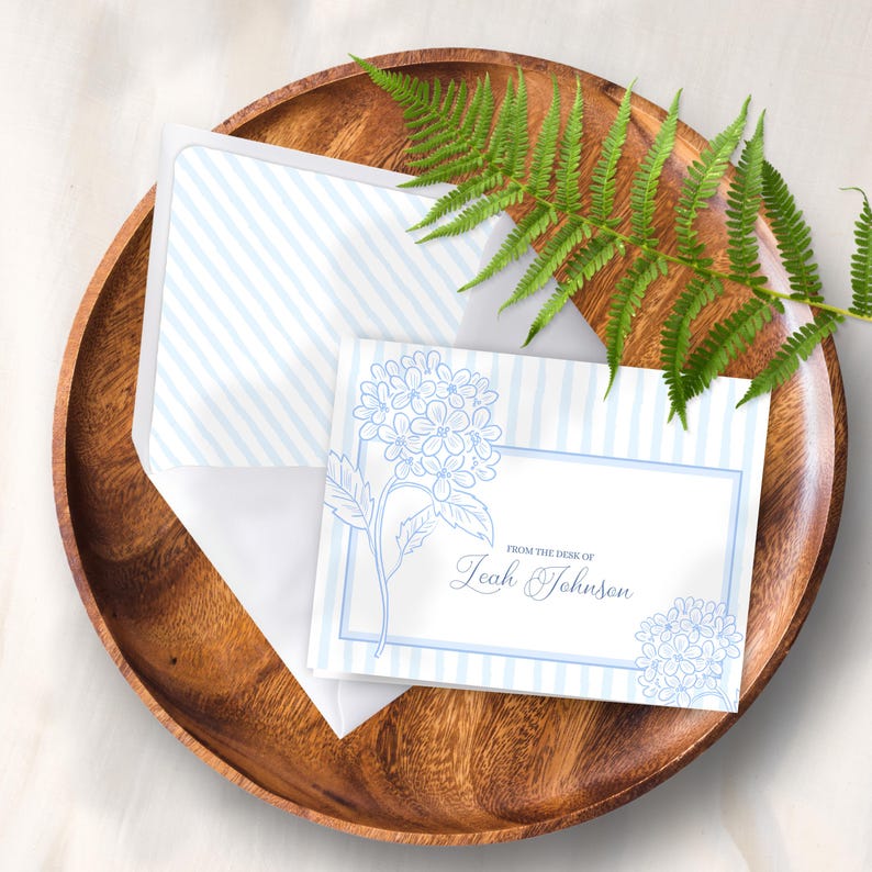 Pastel Blue Hydrangea Personalized Folded Note Cards W/ Lined Envelopes ...