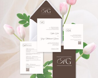 Brown Minimalist Wedding Invitation Suite w/ Monogram Initials and Envelope Liner, Edit in Canva Template, Printable