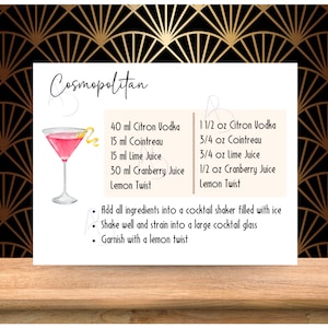 Scheda ricetta Cosmopolitan per regalo di addio al nubilato, accessorio per carrello bar e decorazioni per feste PDF e PNG stampabili