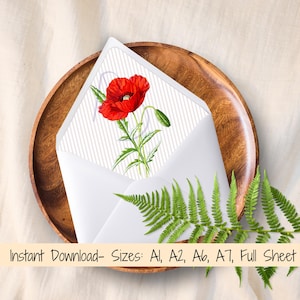Rote Mohnblume Umschlag Liner für Hochzeitseinladungen oder Karten, Größen A7, A6, A2, A1 und Bar, Euro & quadratische Klappe, printable Digital Download