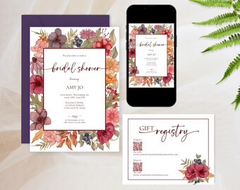 Fall Bridal Shower Invitation Template with Earthy Florals; Includes Recipe Card, Personalize in Canva, Printable or Digital Invite