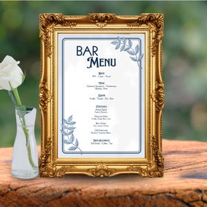 Botanical Dusty Blue Bar Menu Template Cocktail Drink Sign for Wedding ...