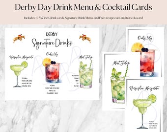 Menú de bebidas exclusivas del Derby Day con Mint Julep, Oaks Lily y Margarita Horseshoe, con tarjetas de cócteles y recetas (PDF imprimible)