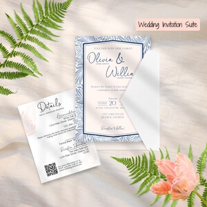 Conjunto exclusivo de convites de casamento em azul-poeira com forro de envelope, faixa de barriga com monograma, cartão de reserva de data, cartão de RSVP, cartão de detalhes, modelo Canva
