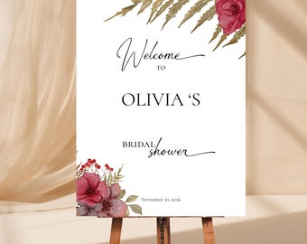 Fern and Flower Fall Bridal Shower Welcome Sign Template, Editable in Canva, Printable- 18x24 & 24x36 Inches