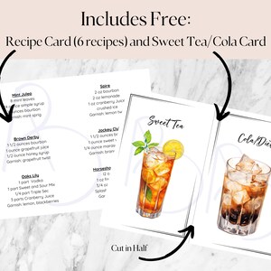 Printable recipe cards for sweet tea and cola diet drinks. The cards feature illustrations of the drinks and include the ingredients and garnishes for each recipe. The text on the cards reads "Sweet Tea" and "Cola/Diet". Printable recipe card included