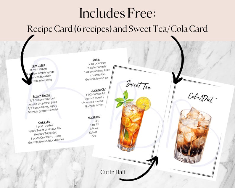 Printable recipe cards for sweet tea and cola diet drinks. The cards feature illustrations of the drinks and include the ingredients and garnishes for each recipe. The text on the cards reads "Sweet Tea" and "Cola/Diet". Printable recipe card included