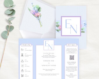 Pastel Gatefold Wedding Invitation Template Editable in Canva with Wildflowers, Envelope Liner, Belly Band, Timeline; Printable Invite