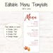 Fall Menu Template for Thanksgiving, Wedding or Other Dinner Party With ...