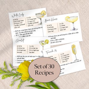 May include: A collection of 30 cocktail recipe cards, including recipes for drinks such as the White Lady, Bee's Knees, Gimlet, and French 75. Each card displays ingredients and instructions. A yellow flower and text "Set of 30 Recipes" are also visible.