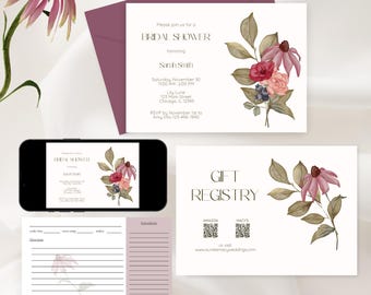 Earthy Floral Bridal Shower Invitation Template w/ Recipe Card & Registry Card, Personalize in Canva, Printable or Digital Invite