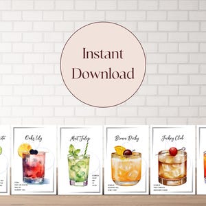 A set of printable cocktail cards featuring watercolor illustrations of drinks like the Mint Julep, Horseshoe Margarita, oaks lily, spire, and Brown Derby. The cards are designed for a Derby Day party and include the drink name and ingredients.