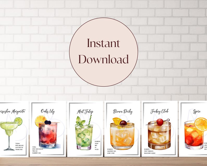 A set of printable cocktail cards featuring watercolor illustrations of drinks like the Mint Julep, Horseshoe Margarita, oaks lily, spire, and Brown Derby. The cards are designed for a Derby Day party and include the drink name and ingredients.