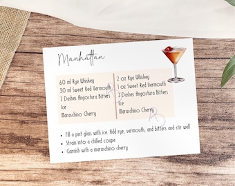 Manhattan Recipe Card for Bachelor Gift, Bar Cart Decor, and Party Favor Printable PDF & PNG
