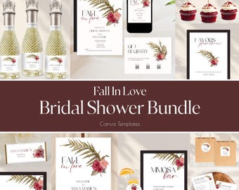 Fall in Love Bridal Shower Invitation Bundle w/ Games, Welcome Sign, Cupcake Toppers, Water Bottle Labels, etc., Canva Templates, Printable