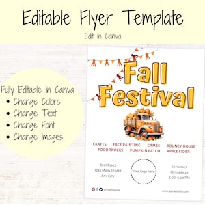 Editable Fall Fest Flyer Template for Fall Festival, Fundraiser, Craft Show, Bake Sale, Church, School, etc, Fully Edit in Canva