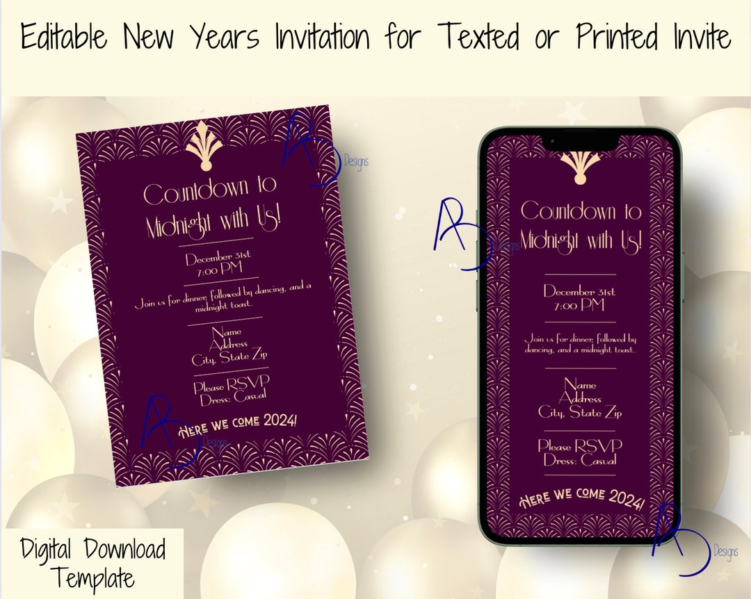 Editable Text and Print Invitation New Years Party, New Year's Eve