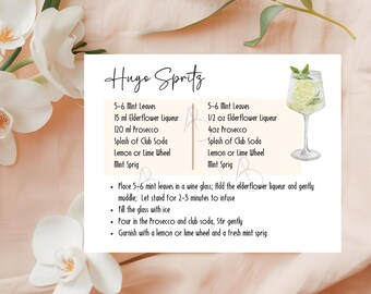 Hugo Spritz Recipe Card Printable, for bar cart accessory, bachelorette party, bridal shower gift basket, Digital Download