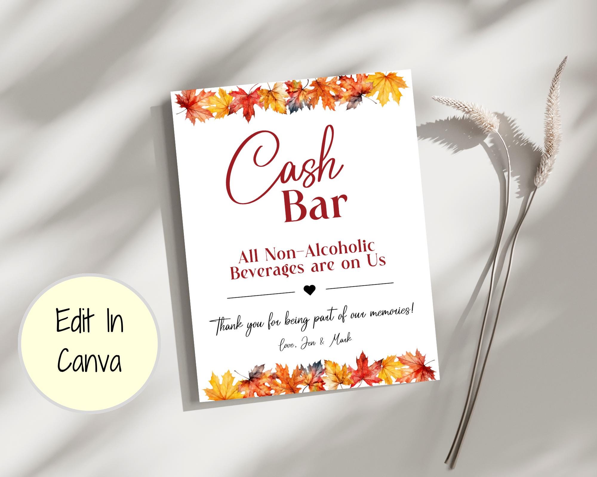 Editable Fall Cash Bar Sign Template for Wedding, Anniversary or Other ...