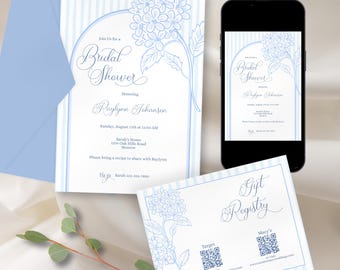 Blue Hydrangea Bridal Shower Invitation Template Editable in Canva Includes Recipe Card & Registry Card, Printable