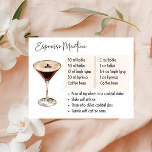 Ricetta per l'Espresso Martini per bomboniere per addio al nubilato, arte per carrello bar, regalo e decorazioni per feste, PDF e PNG stampabili