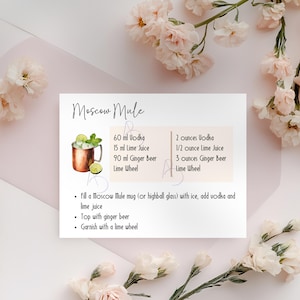 Scheda ricetta Moscow Mule per bomboniera per cocktail party, regalo per testimoni, carrello bar o bomboniera per feste, PDF e PNG stampabili