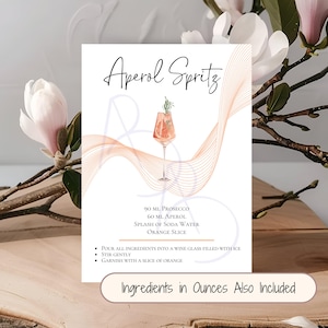 Aperol Spritz Print, Rezeptkarte für Barwagen, Junggesellinnenparty, Cocktailparty, oder Geschenk, druckbares PDF & PNG, 13x18 cm
