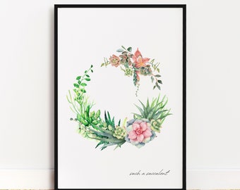 Succulent wreath, boho spring wreath, chamomile plant, wall hanging wreaths, cottagecore decor, summer wreath, print on demand