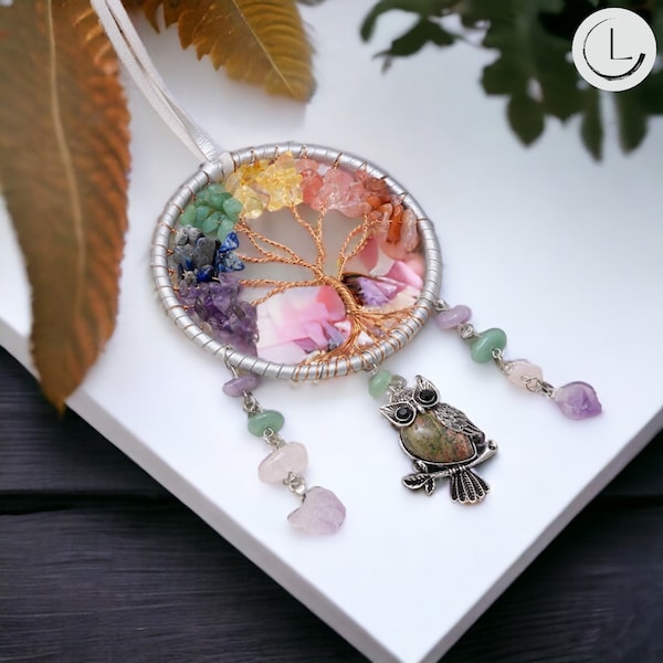 Rainbow Tree of Life Crystal Suncatcher - Handmade Gemstone Car Charm, Bohemian Window Decor, Positive Energy Protection Accessory