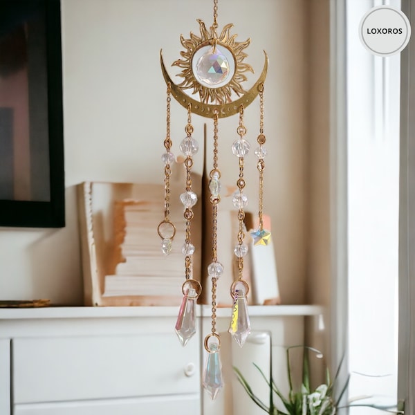 Lunar Crystal Sun Catcher Chime - Golden Outdoor Garden Pendant, Enchanting Window Hanging Decor, Unique Decorative Gift for Festivities