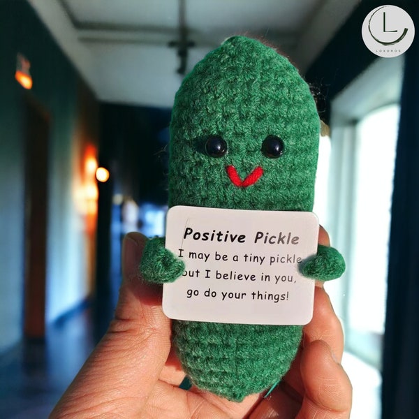 Emotional Support Plush | Positive Pickle | Crochet Handmade Smile Sour Positive Cucumber | Home Table Decor | Pickle with Funny Quote