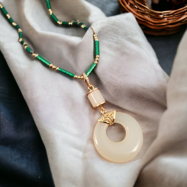 White Jade Necklace, Safety Buckle Pendant, Jade Healing Jewelry, Elegant Gold-Plated Jewelry,Energy Balancing Accessory for Her